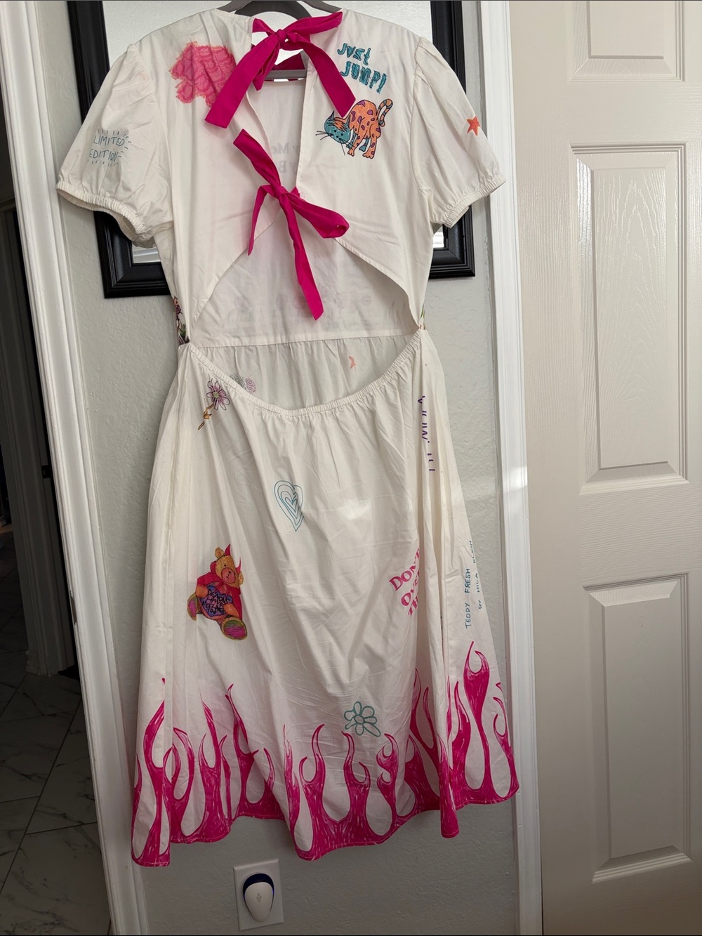 Teddy Fresh White Dress with Bright Pink Accents and Multicolor Prints - Picture 3 of 7